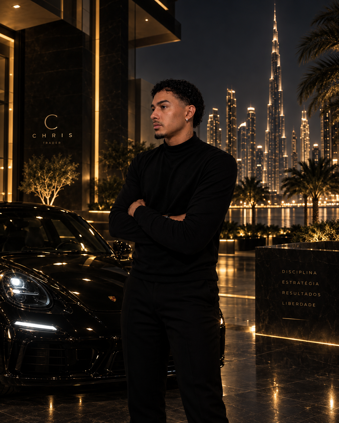 Chris Trader em cenário noturno de luxo com skyline de Dubai